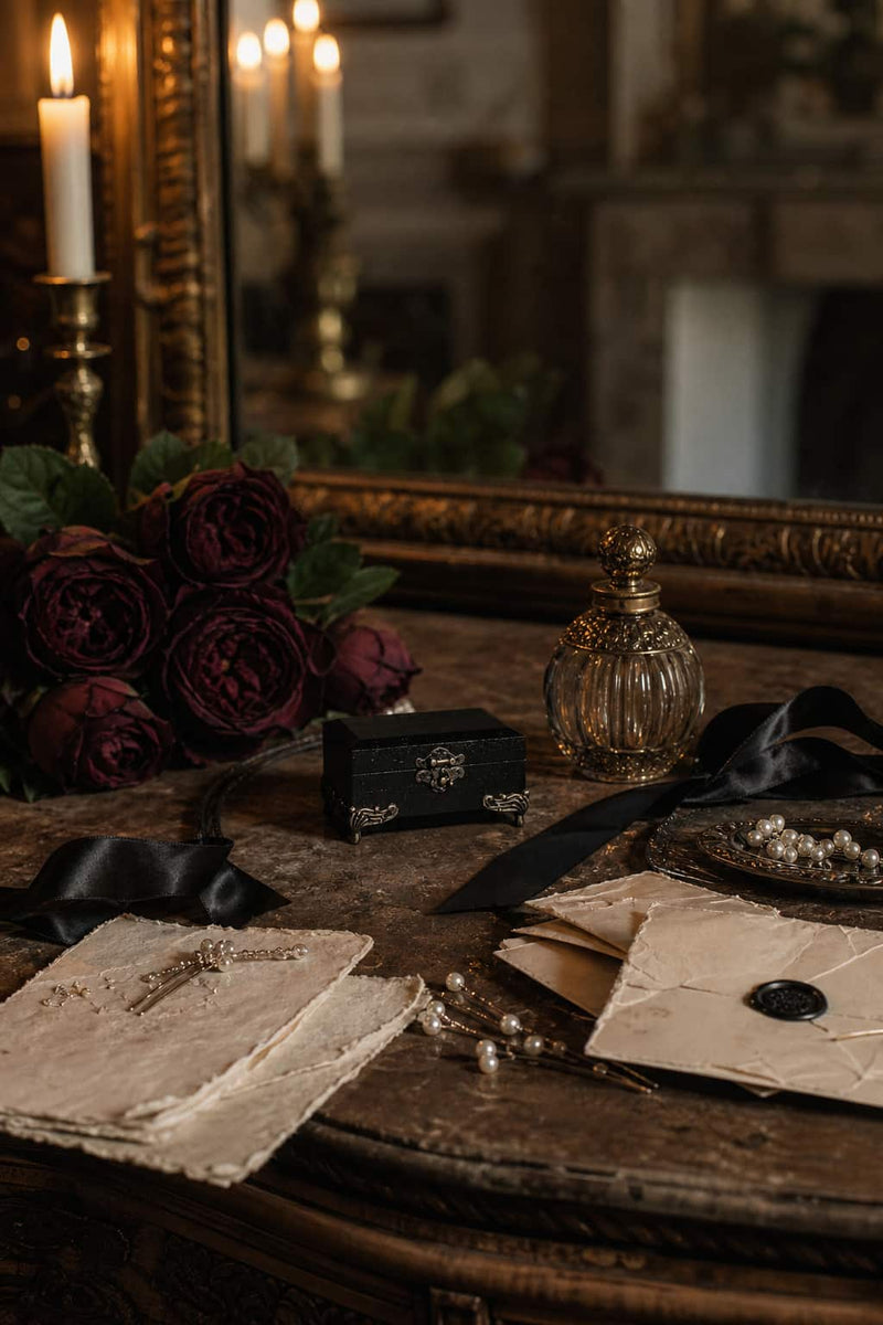 Handmade gothic ring box open with moss and wedding rings