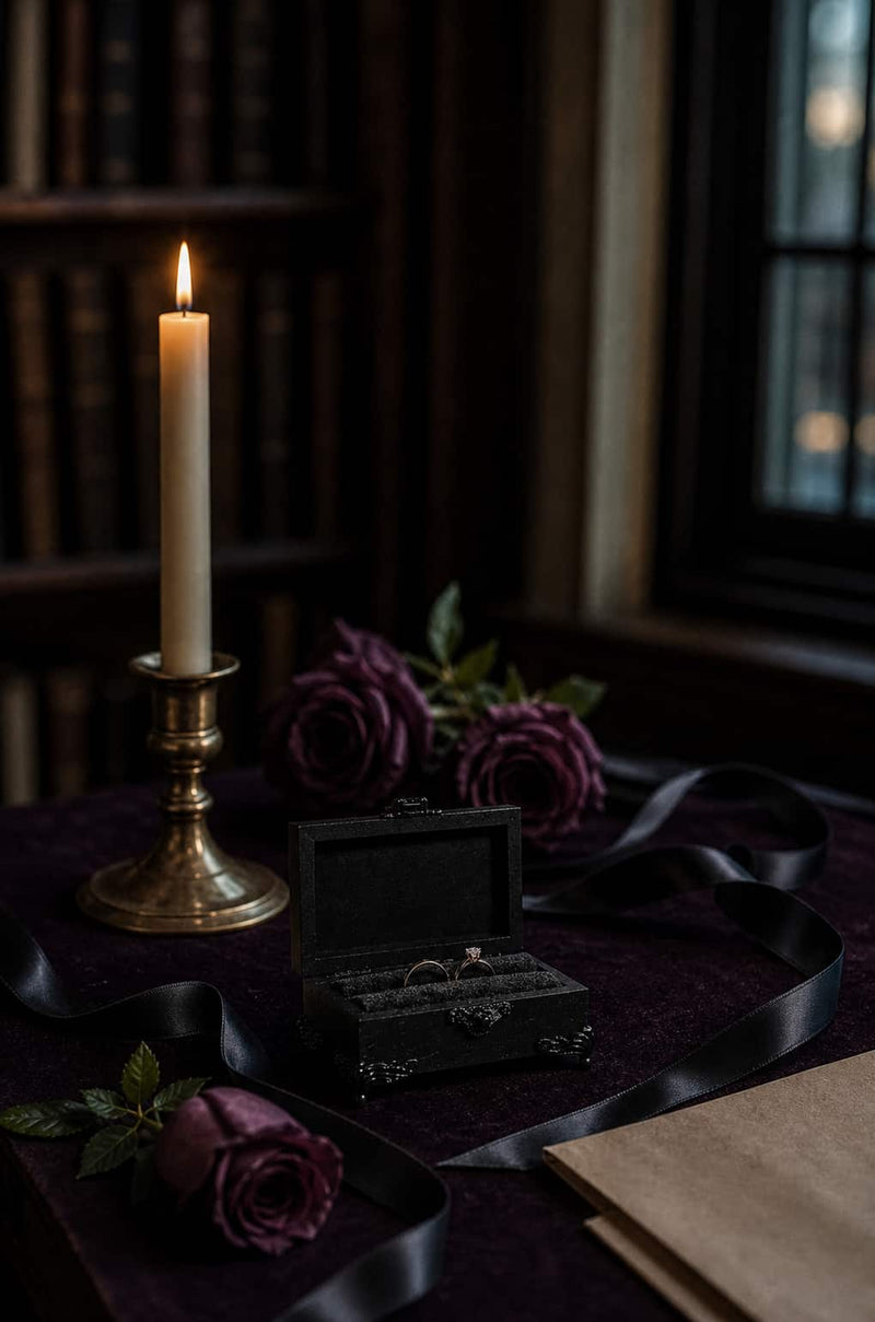 Gothic velvet ring box open with two wedding rings