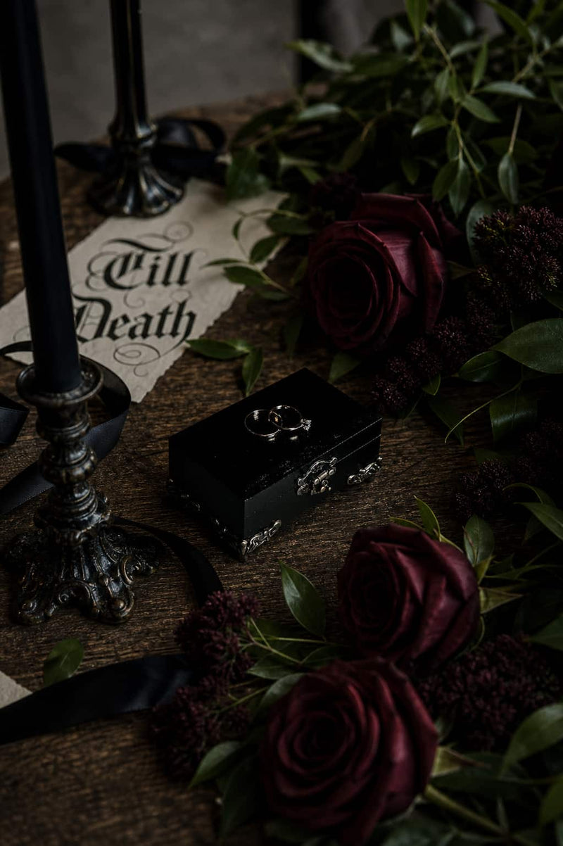Black wooden ring box gothic style for ceremony