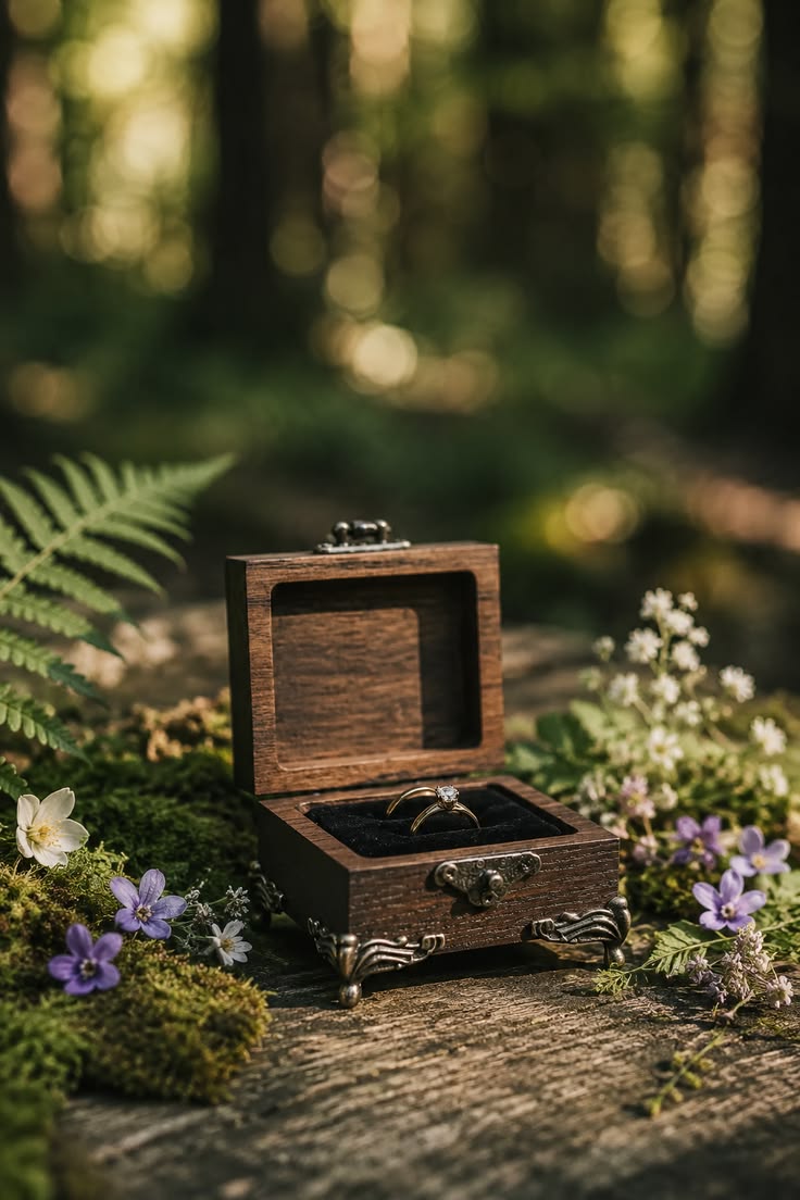 Wooden wedding ring box for bride and groom ceremony